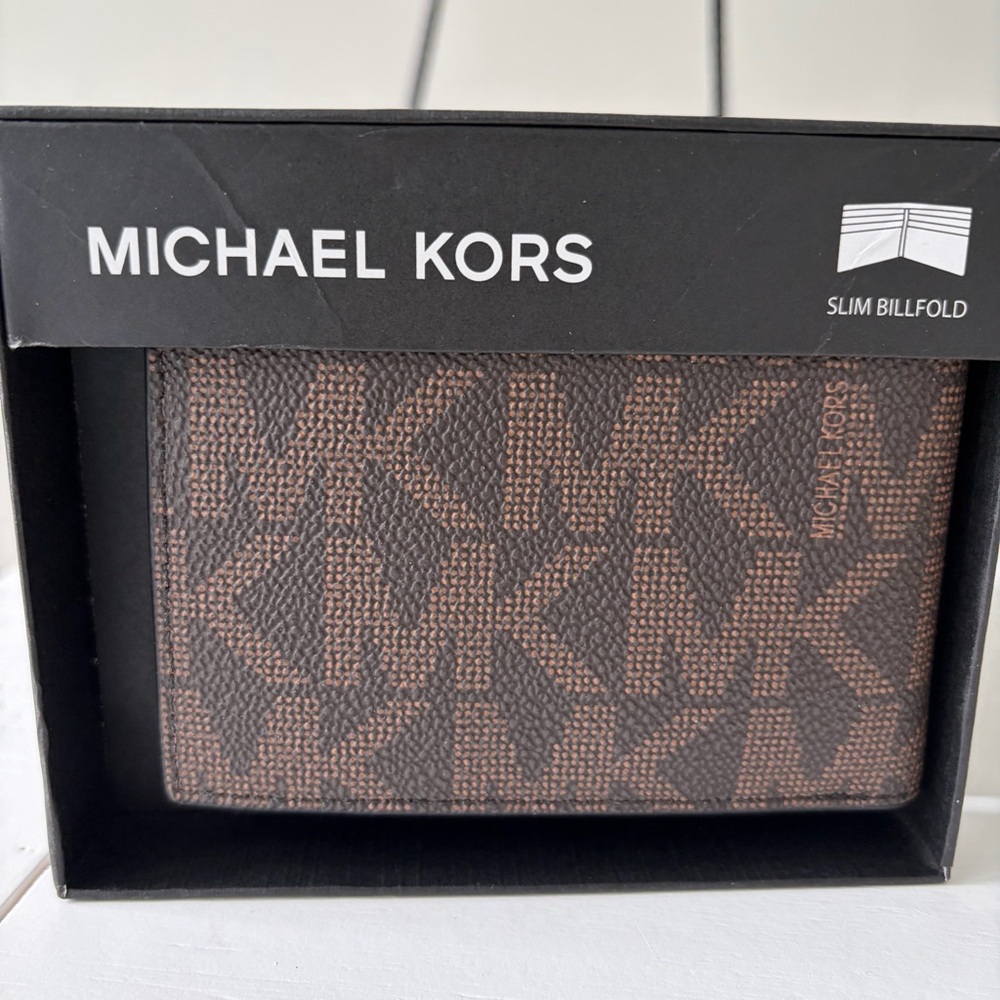 NWT Michael Kors Black and Brown MK Pattern Bi-Fold Wallet in Box